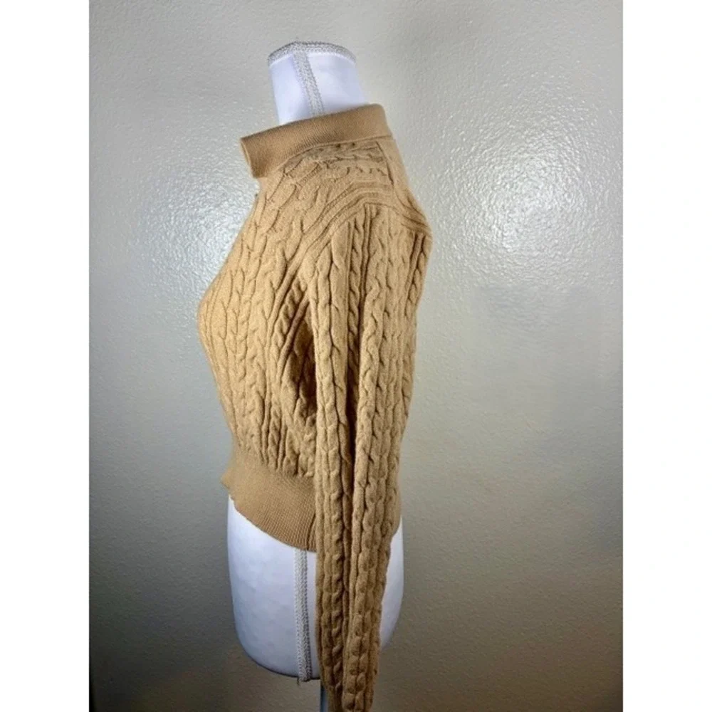 Almost Famous Women's L Tan Cable‎ Knit Cropped Polo Sweater Preppy Academia Y2K